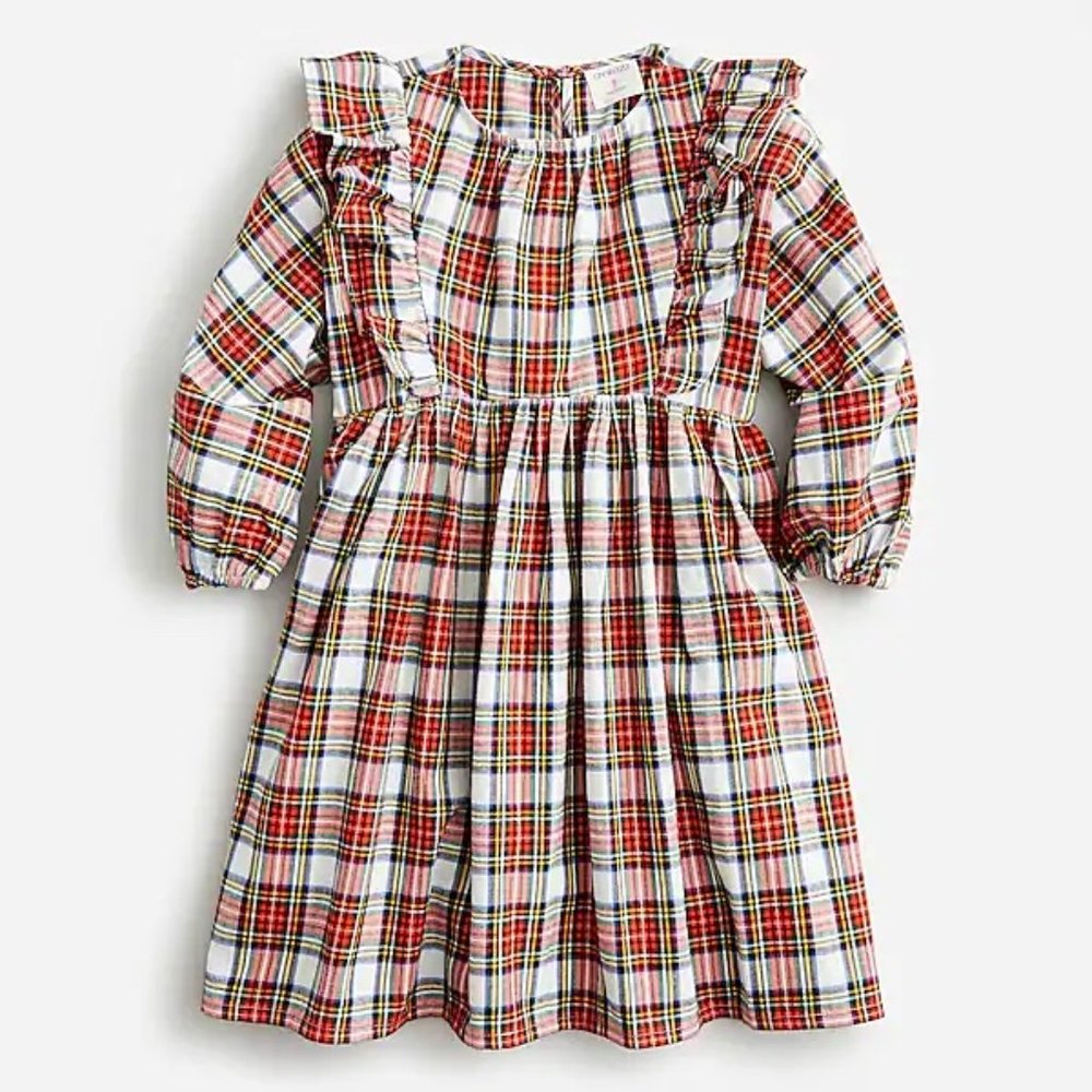 NWT J. Crew Girls' long-sleeve ruffle-shoulder dress in Snowy Stewart tartan